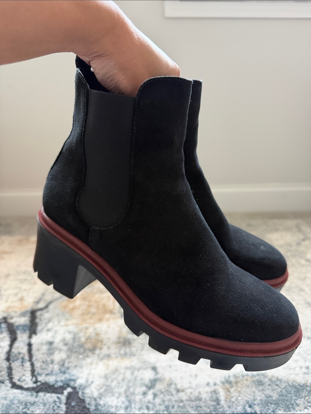 Antonio de Faria Black Suede Ankle Booties with Burgundy Trim — Women